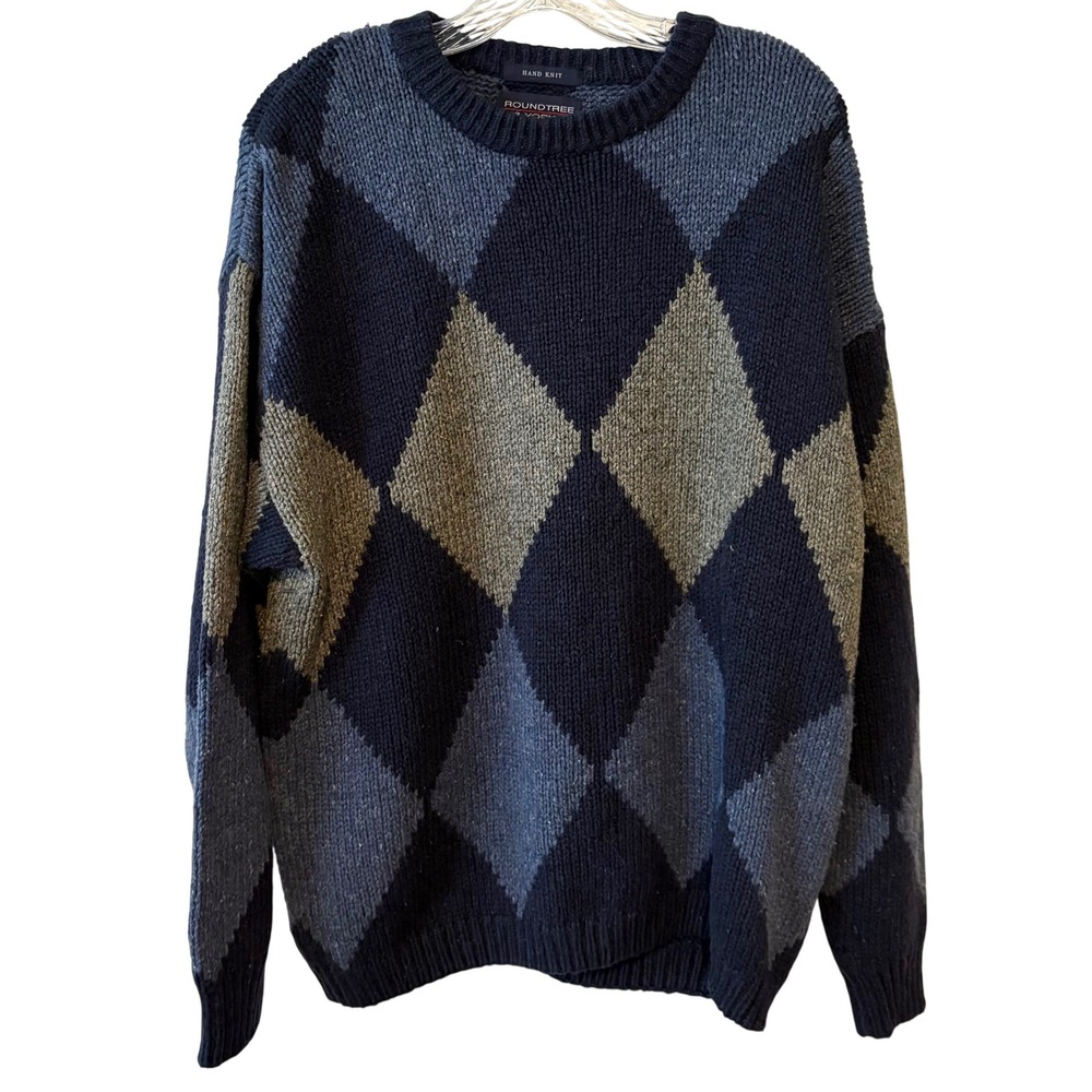 Roundtree & Yorke Vintage Grey Blue Hand Knit Silk Wool Blend Sweater Size L